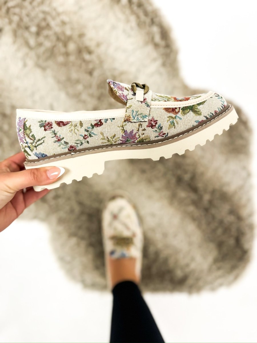 Corky's Sand Brocade Floral Literally Shoes FINAL SALE - Macoma Boutique303 Mules & Boots