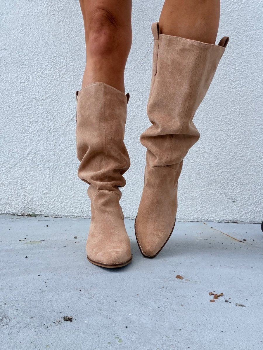 Corky's Sand Faux Suede City Slicker Boots - Wide Calf - Macoma Boutique303 Mules & Boots