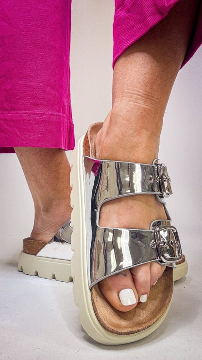 Corky's Silver Mirror Metallic Rumor Has It Sandals - Macoma Boutique304 Sandals