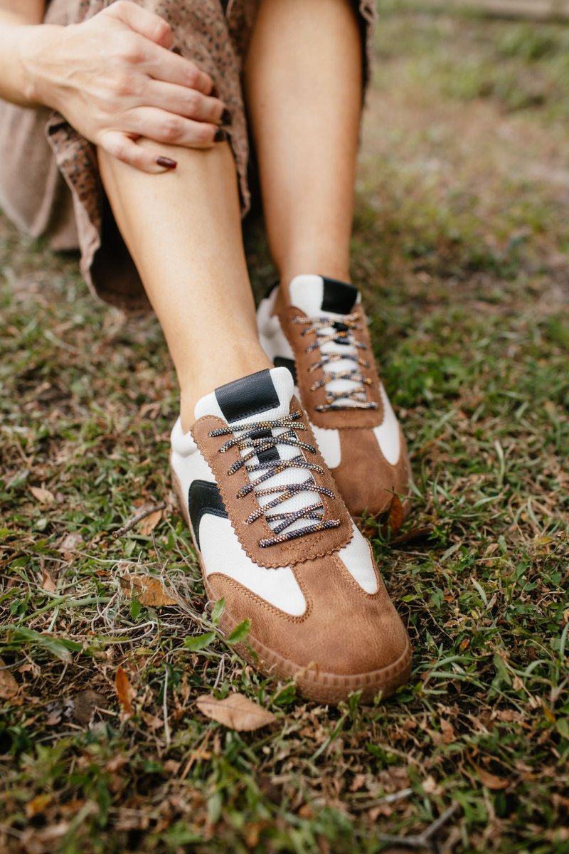 Corky's Tan Combo Spoiler Alert Sneakers with Sparkle Laces - Macoma Boutique301 Sneakers