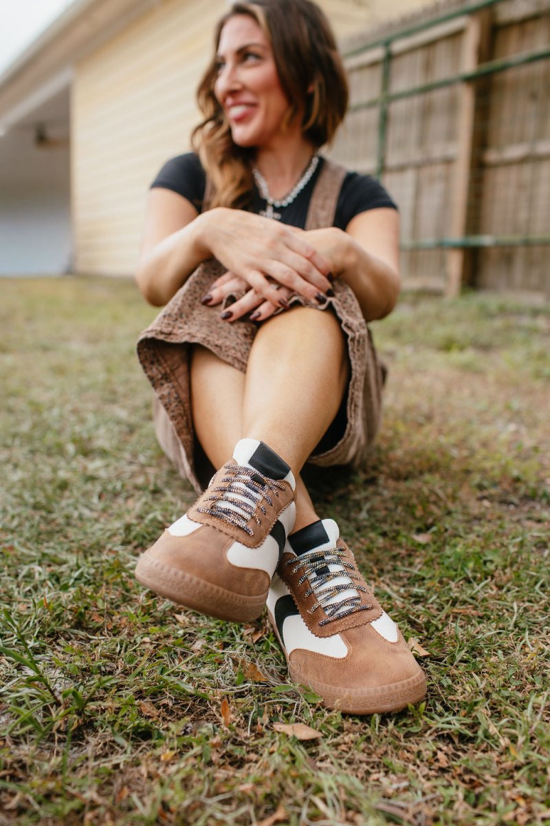 Corky's Tan Combo Spoiler Alert Sneakers with Sparkle Laces - Macoma Boutique301 Sneakers