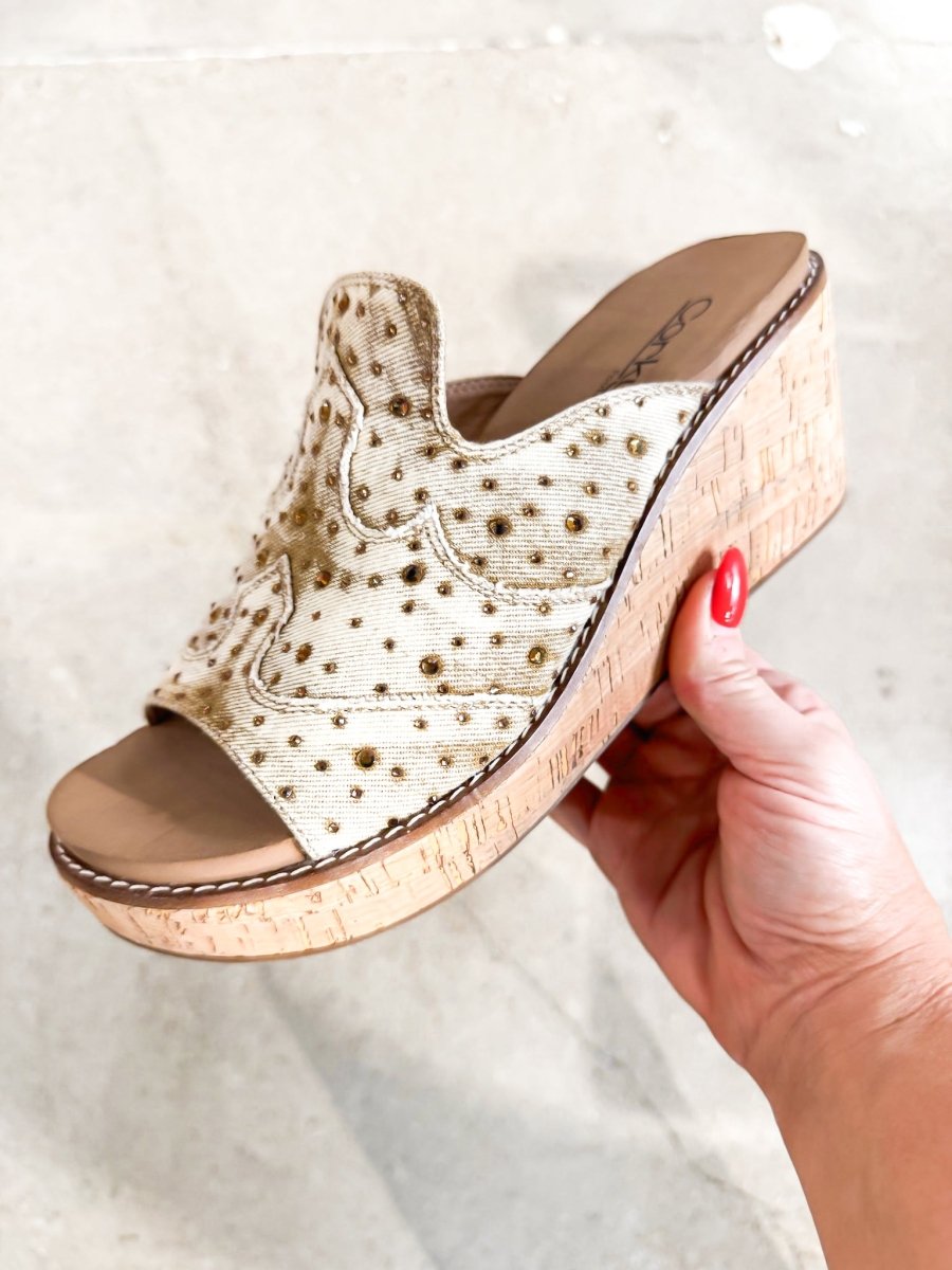 Corky's Tan Washed Denim Rhinestone Neon Moon Sandals - Macoma Boutique302 Wedges & Heels