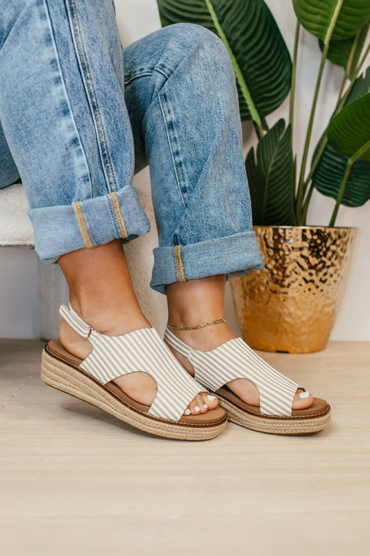 Corkys Tan White Stripe Ready Or Not Sandals - FINAL SALE - Macoma Boutique302 Wedges & Heels