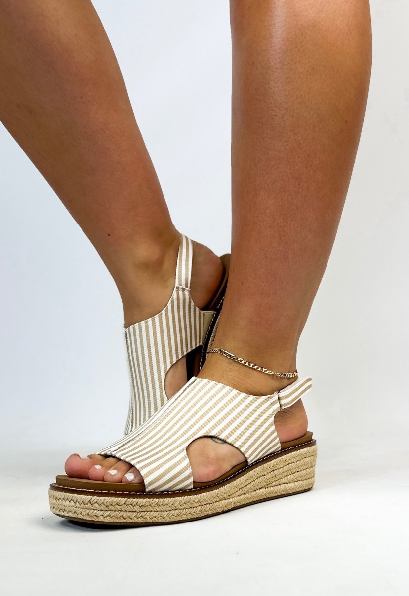 Corkys Tan White Stripe Ready Or Not Sandals - FINAL SALE - Macoma Boutique302 Wedges & Heels