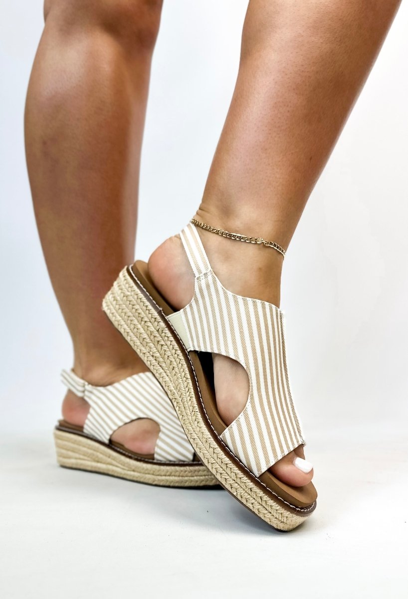 Corkys Tan White Stripe Ready Or Not Sandals - FINAL SALE - Macoma Boutique302 Wedges & Heels