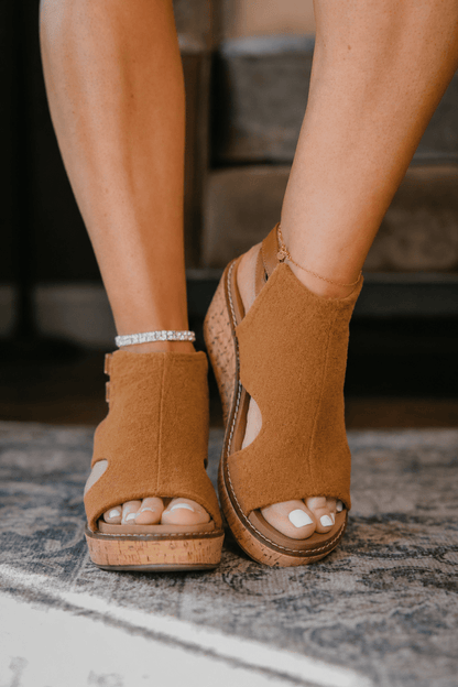 Corky's Tobacco Faux Suede Falling Hard Wedges - Macoma Boutique303 Mules & Boots
