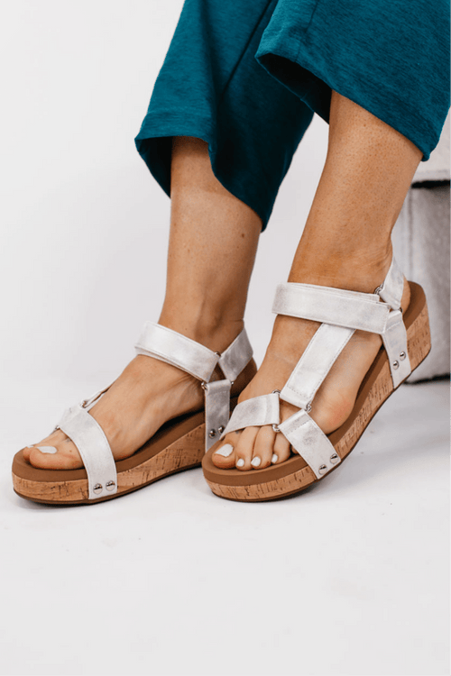 Corky's White Metallic Don't Tempt Me Sandals - Macoma Boutique302 Wedges & Heels