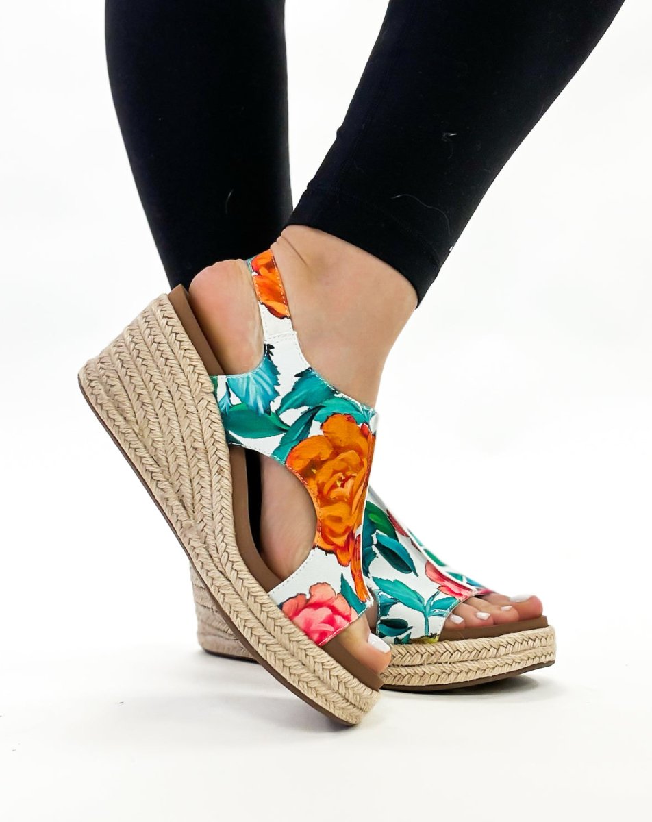 Corky's White Multi Floral Jute Carley Sandals FINAL SALE - Macoma Boutique302 Wedges & Heels