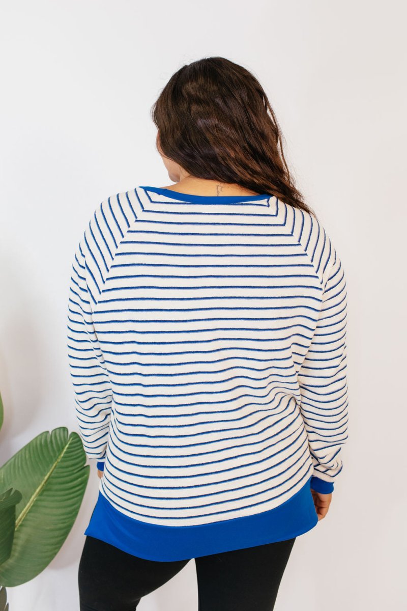 Cozy Trends Pullover In Stripe Royal - Reg & Curvy - Macoma Boutique130 Sweaters