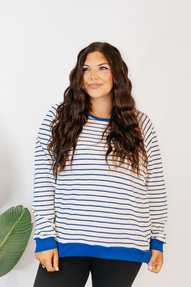Cozy Trends Pullover In Stripe Royal - Reg & Curvy - Macoma Boutique130 Sweaters