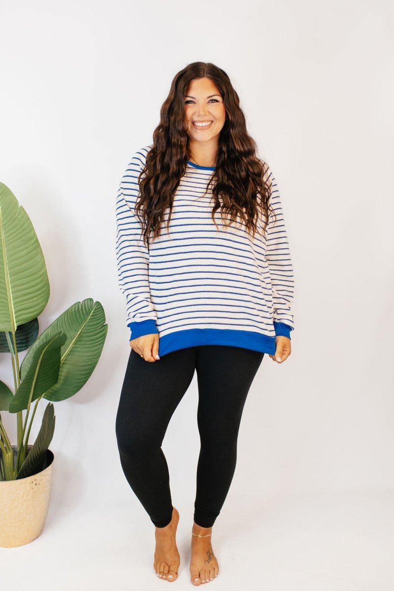 Cozy Trends Pullover In Stripe Royal - Reg & Curvy - Macoma Boutique130 Sweaters