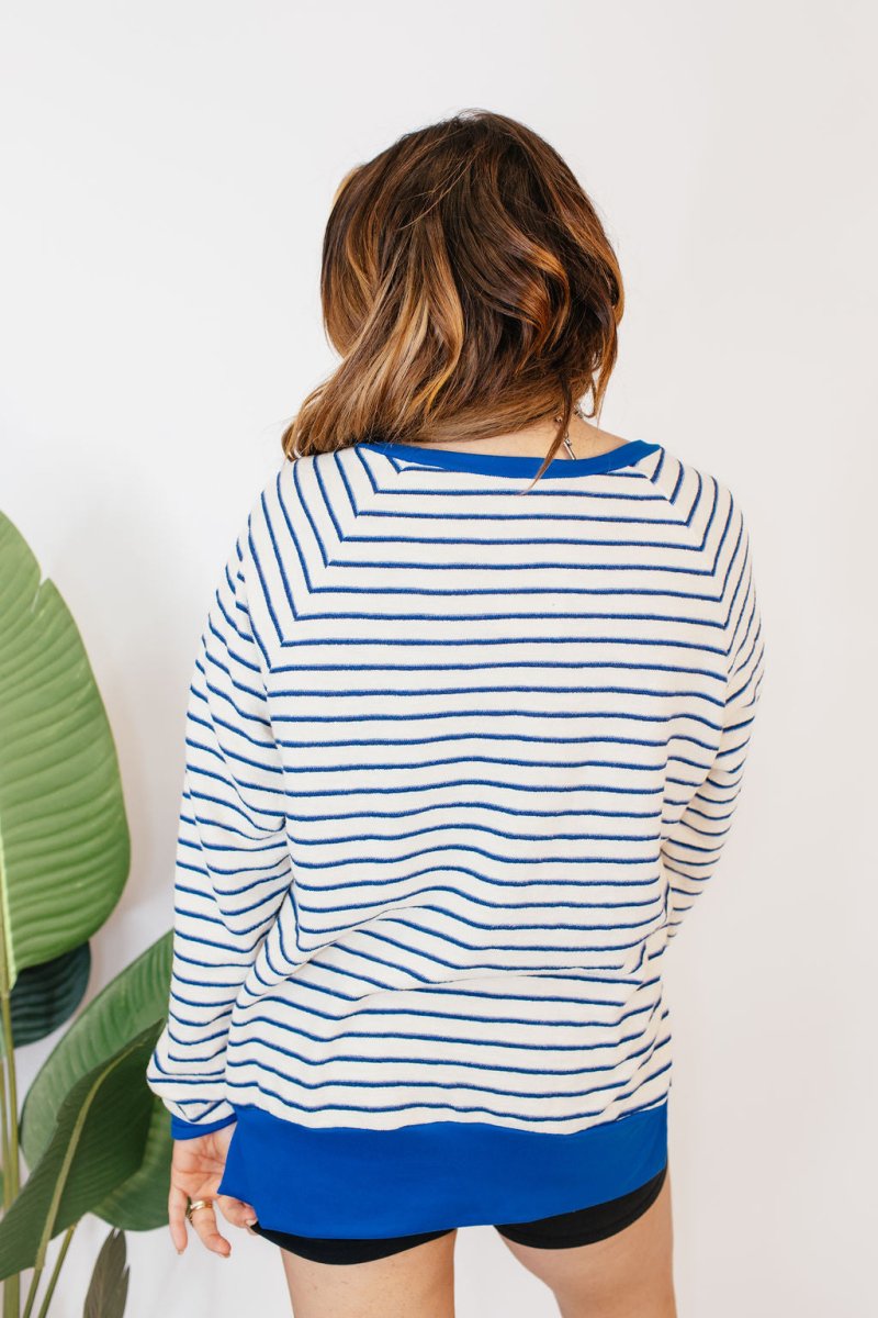 Cozy Trends Pullover In Stripe Royal - Reg & Curvy - Macoma Boutique130 Sweaters