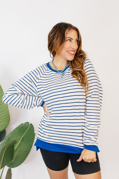 Cozy Trends Pullover In Stripe Royal - Reg & Curvy - Macoma Boutique130 Sweaters