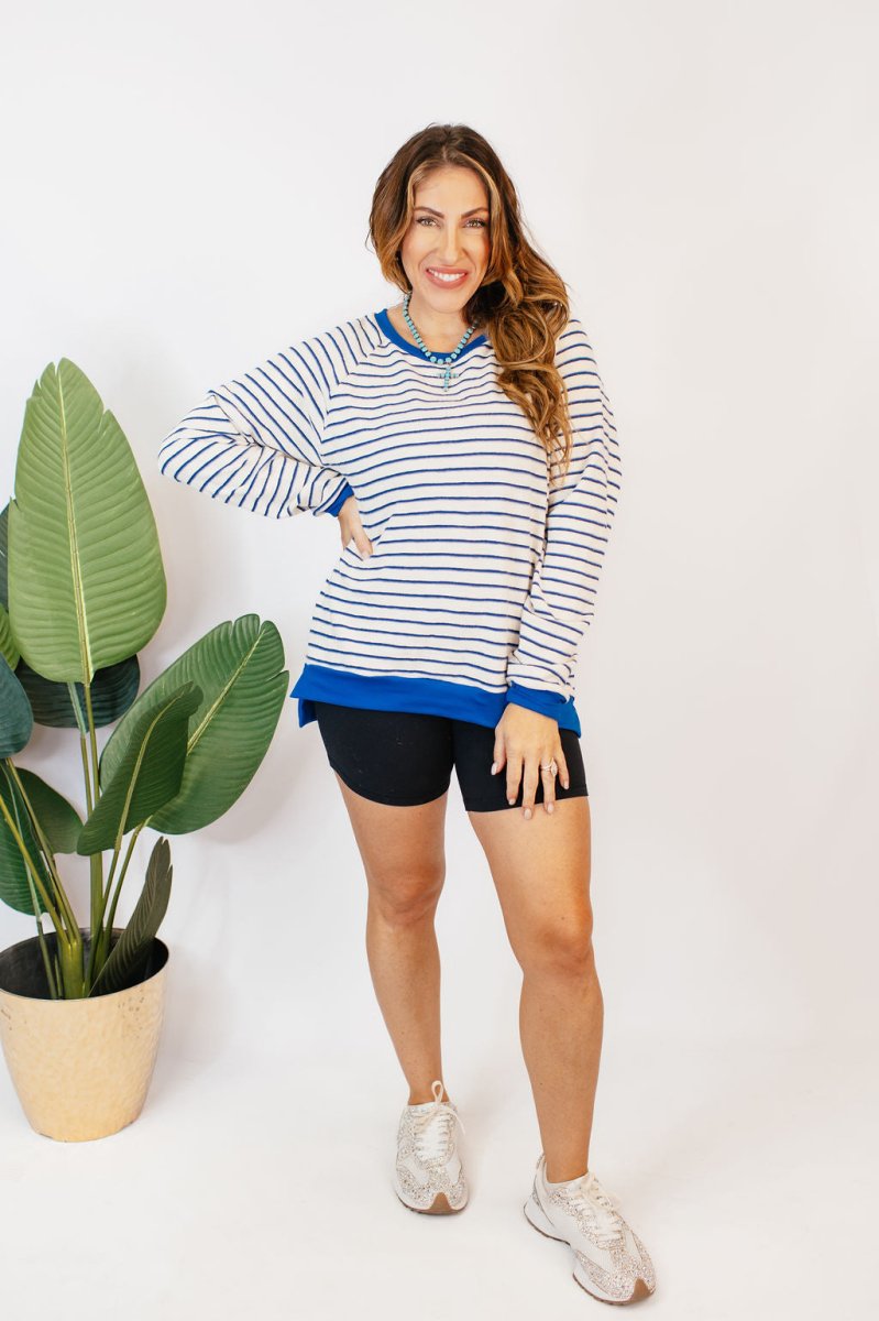 Cozy Trends Pullover In Stripe Royal - Reg & Curvy - Macoma Boutique130 Sweaters