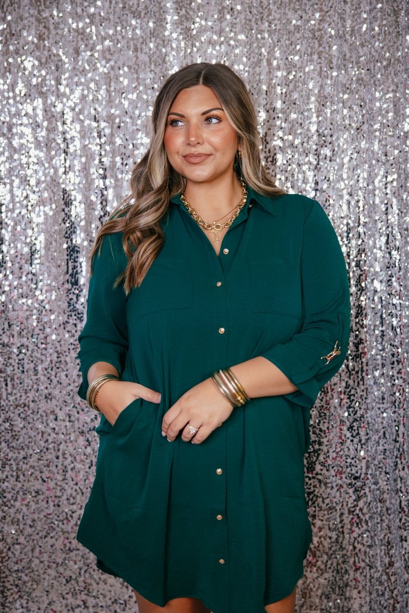 Cue The Compliments Dress in forest green by Spin USA, oversized satin shirt dress