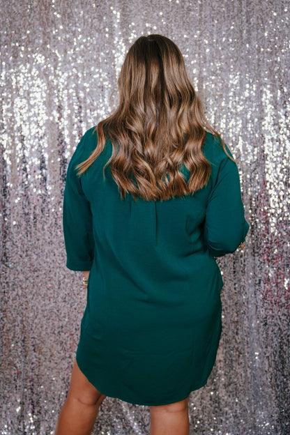 Cue The Compliments Dress in forest green by Spin USA, oversized satin shirt dress