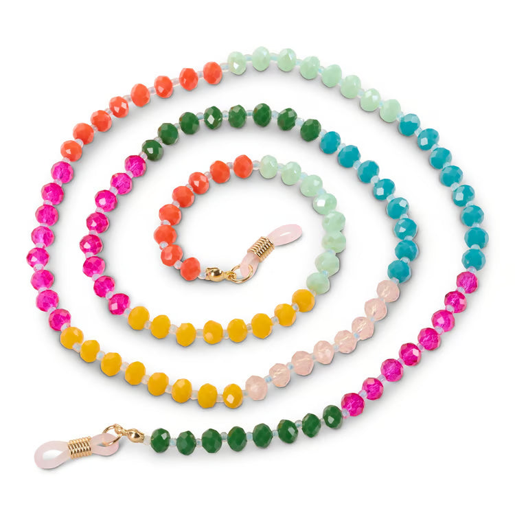 Peepers multicolor faceted crystal beaded eyeglass chain with gold clasp and pink rubber loop ends
