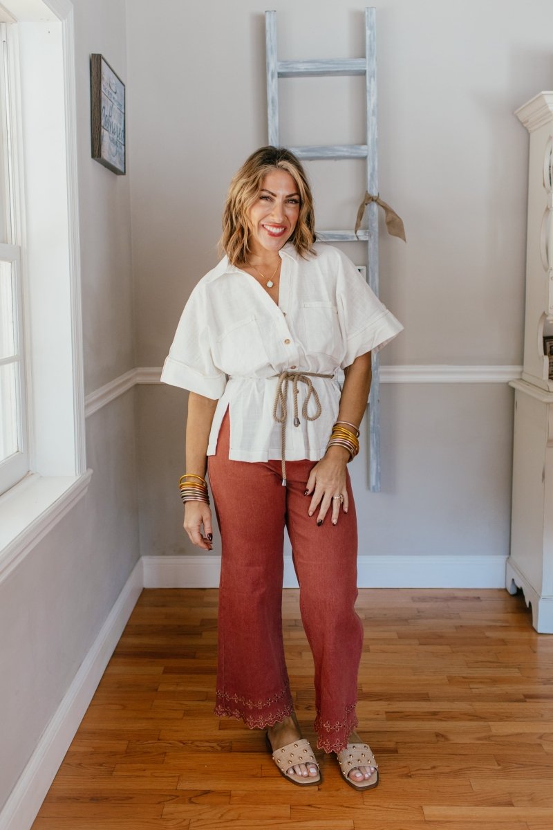 Effortless Eyelet Pants In Brick - Macoma Boutique210 Other Bottoms