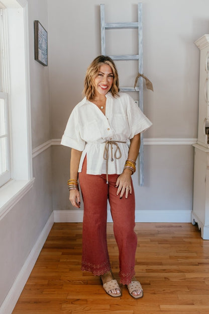 Effortless Eyelet Pants In Brick - Macoma Boutique210 Other Bottoms