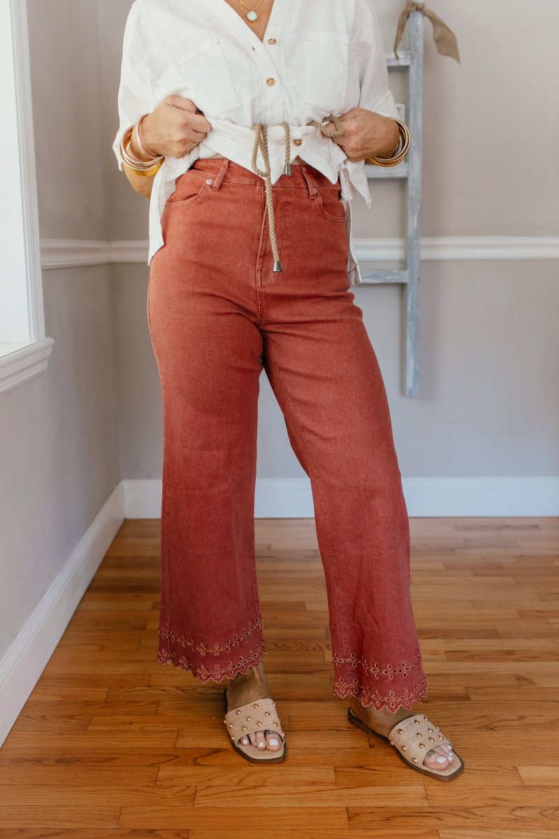 Effortless Eyelet Pants In Brick - Macoma Boutique210 Other Bottoms