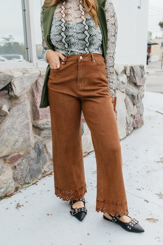 Effortless Eyelet Pants In Brown - Macoma Boutique210 Other Bottoms