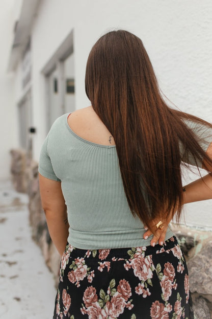 Everyday Casual Ribbed Seamless Top In Smokey Olive - Reg & Curvy - Macoma Boutique100 Short Sleeve