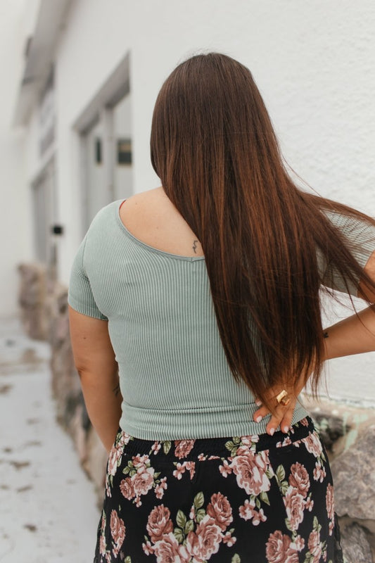 Everyday Casual Ribbed Seamless Top In Smokey Olive - Reg & Curvy - Macoma Boutique100 Short Sleeve
