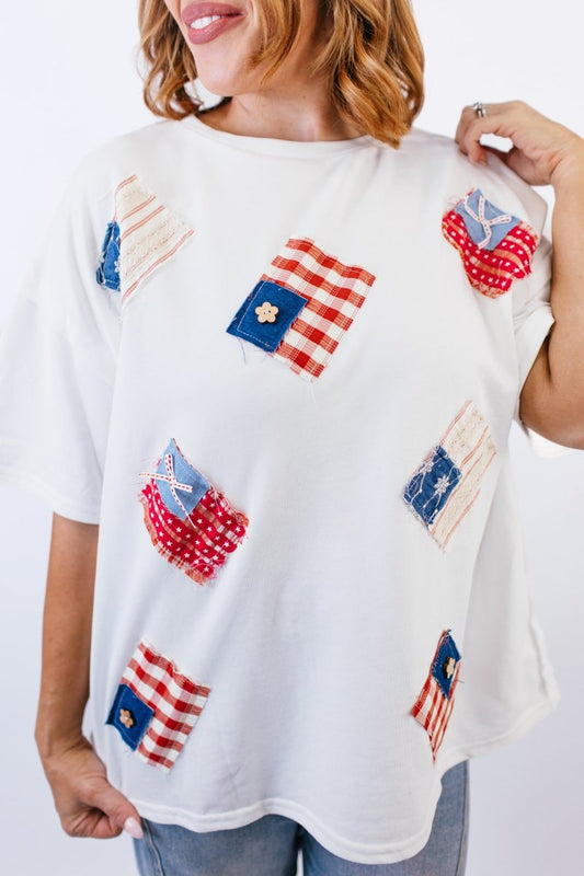 Flag Patches Top - FINAL SALE - Macoma Boutique100 Short Sleeve