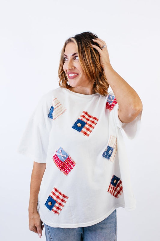 Flag Patches Top - FINAL SALE - Macoma Boutique100 Short Sleeve