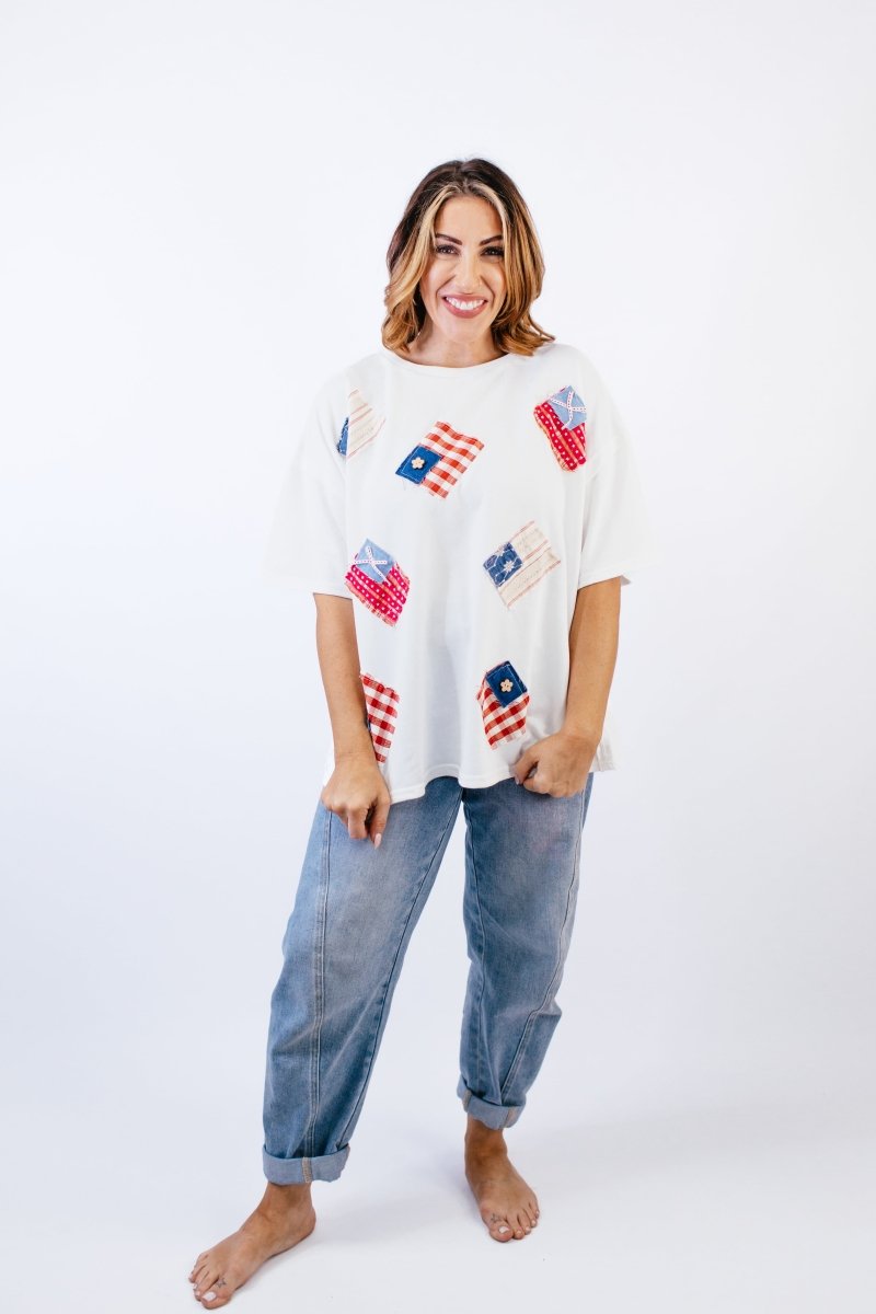 Flag Patches Top - FINAL SALE - Macoma Boutique100 Short Sleeve