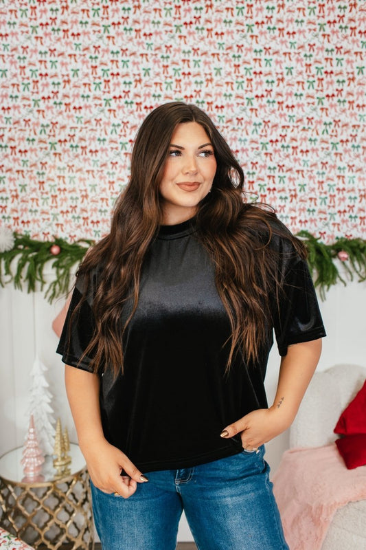 Glam Hour Velvet Top In Black - Reg & Curvy - Macoma Boutique100 Short Sleeve