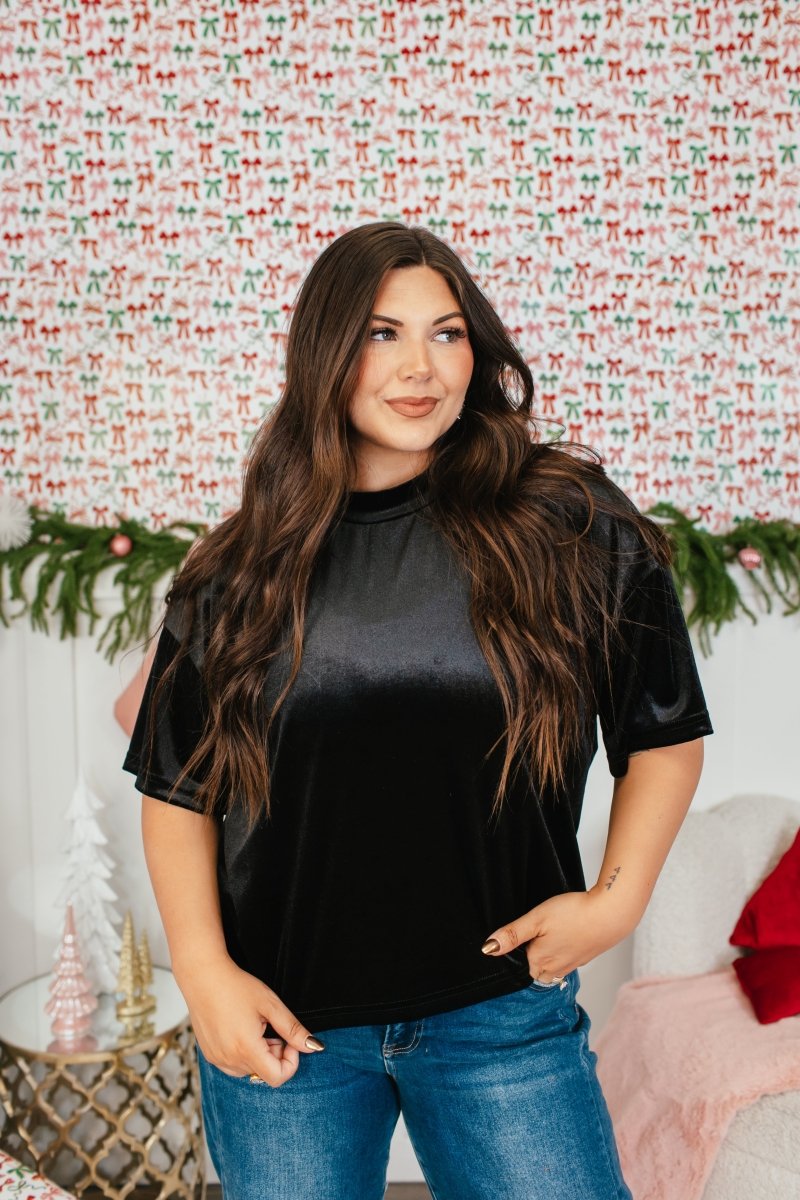 Glam Hour Velvet Top In Black - Reg & Curvy - Macoma Boutique100 Short Sleeve