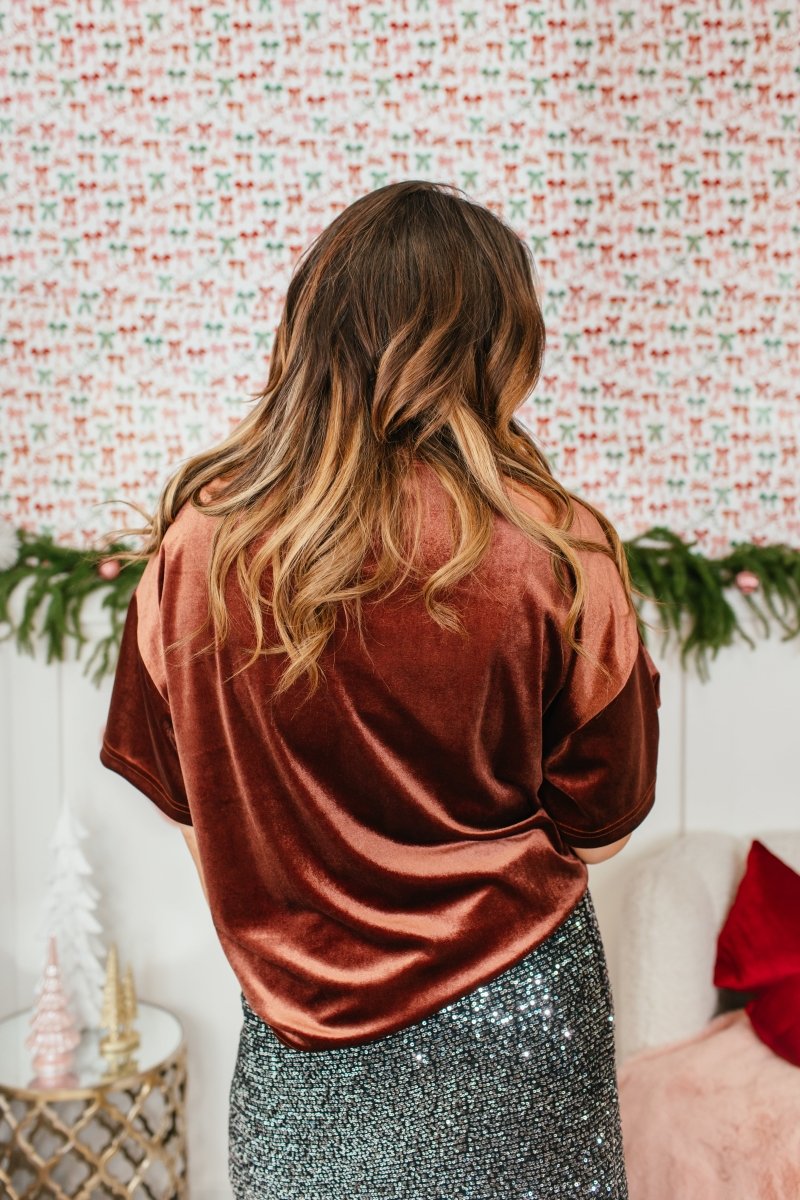 Glam Hour Velvet Top In Brown - Reg & Curvy - Macoma Boutique100 Short Sleeve