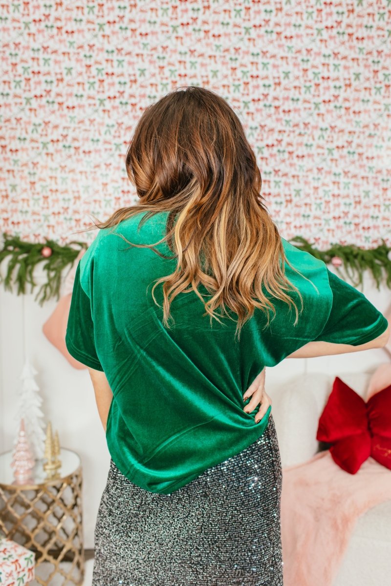 Glam Hour Velvet Top In Green - Reg & Curvy - Macoma Boutique100 Short Sleeve
