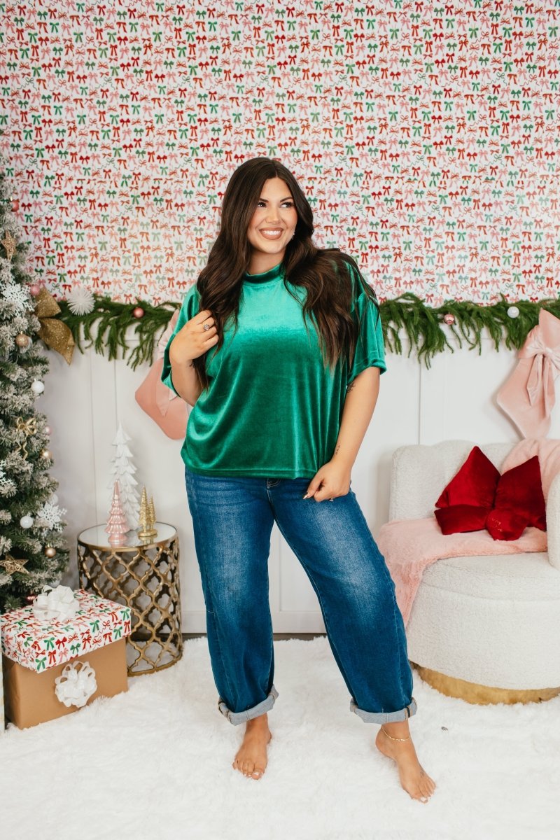 Glam Hour Velvet Top In Green - Reg & Curvy - Macoma Boutique100 Short Sleeve