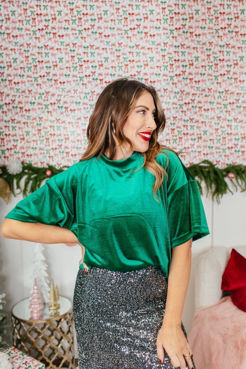 Glam Hour Velvet Top In Green - Reg & Curvy - Macoma Boutique100 Short Sleeve