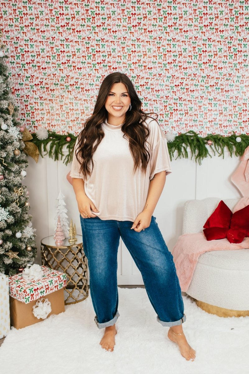 Glam Hour Velvet Top In Nude - Reg & Curvy - Macoma Boutique100 Short Sleeve