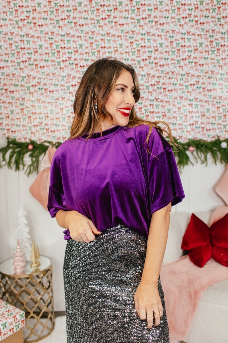 Glam Hour Velvet Top In Purple - Reg & Curvy