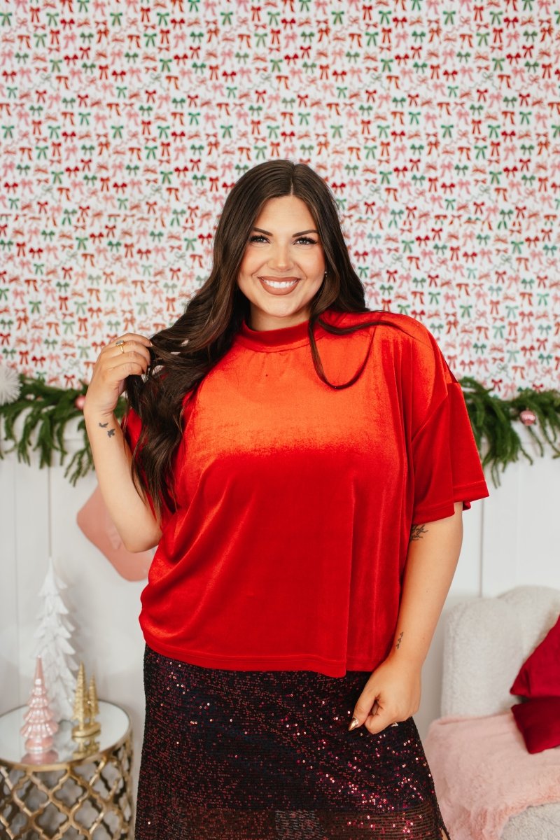 Glam Hour Velvet Top In Red - Reg & Curvy - Macoma Boutique100 Short Sleeve