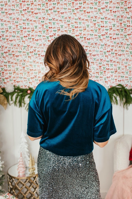 Glam Hour Velvet Top In Teal - Reg & Curvy - Macoma Boutique100 Short Sleeve