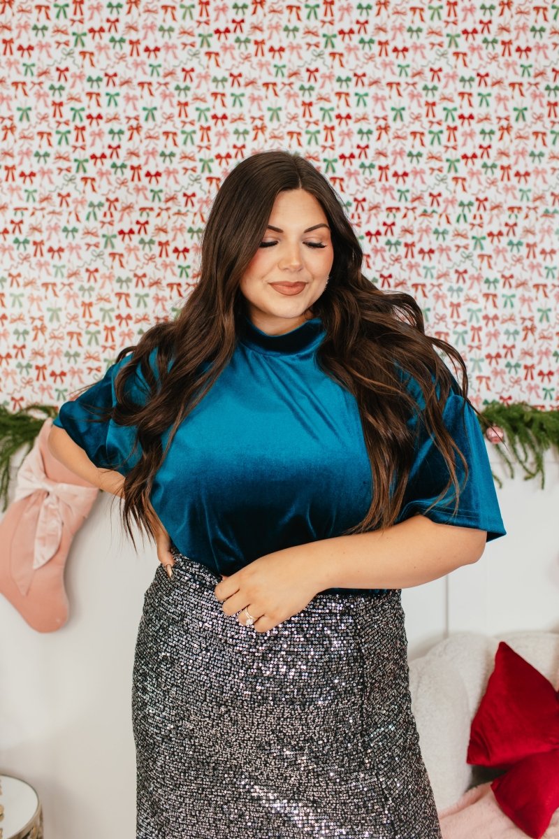 Glam Hour Velvet Top In Teal - Reg & Curvy - Macoma Boutique100 Short Sleeve
