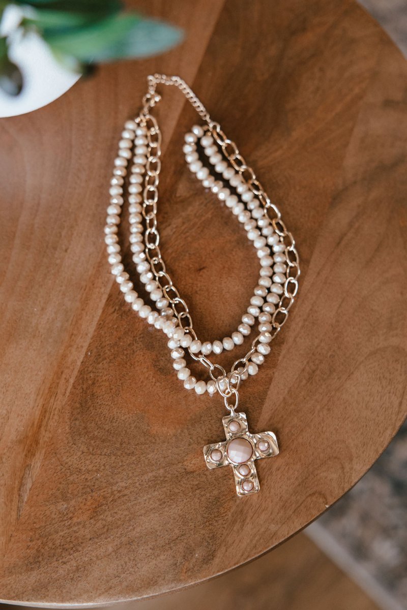 Glass Beaded Cross Necklace In Brown - Macoma Boutique310 Accessories/Jewelry