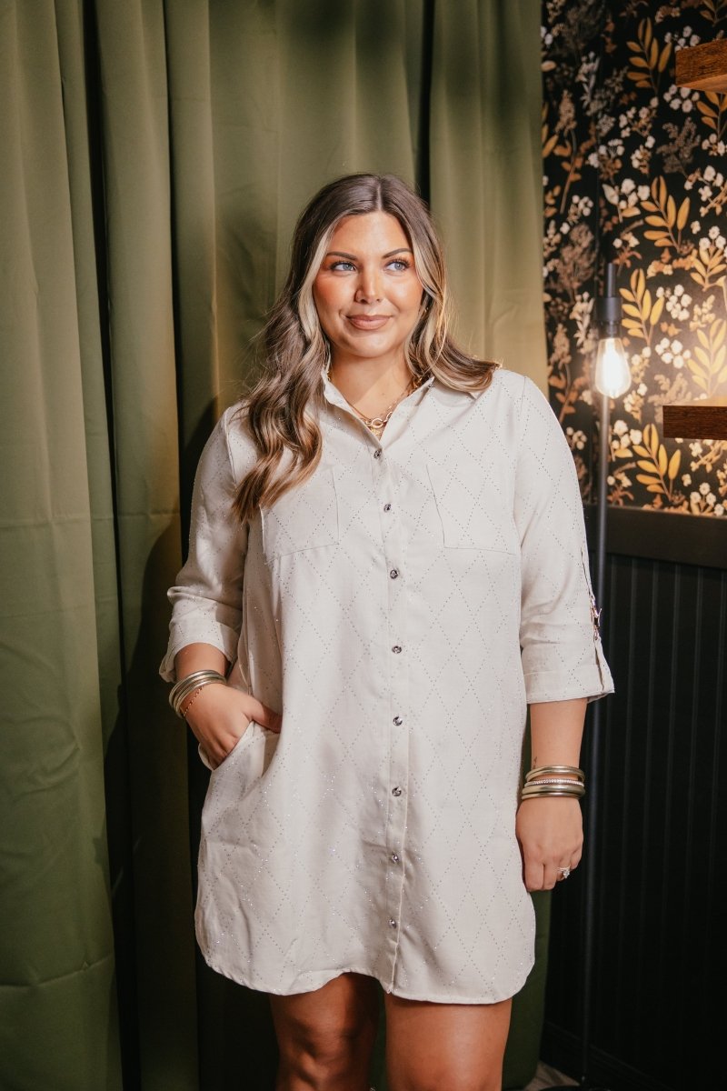 Guest List Dress in natural by Spin USA, boxy mini shirt dress with rhinestone diamond pattern