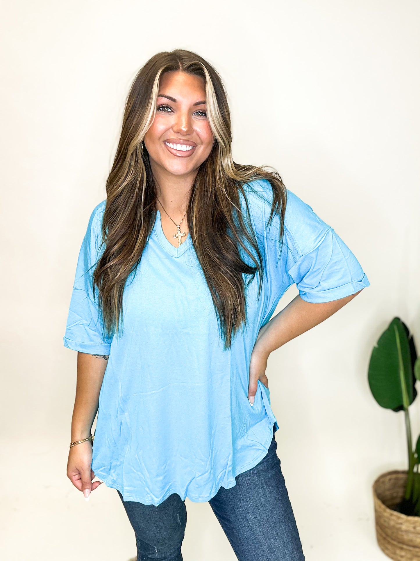Notched Neck Drop Sleeve Top in Blue