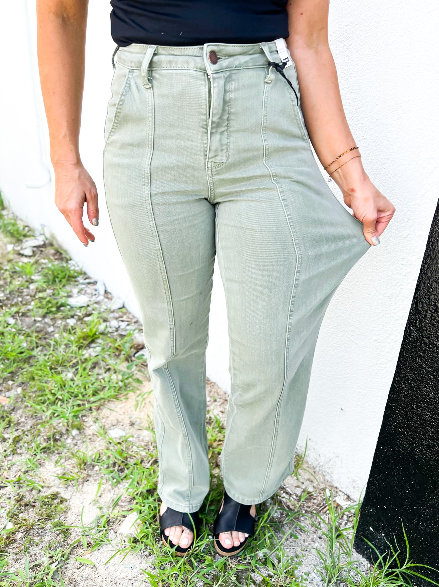 Judy Blue Phoebe High Rise Front Seam Straight Jeans in Sage