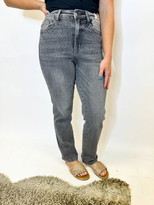 Judy Blue Sparkle Stone Grey Straight Leg Jeans Reg/Curvy - Macoma Boutique170 Denim
