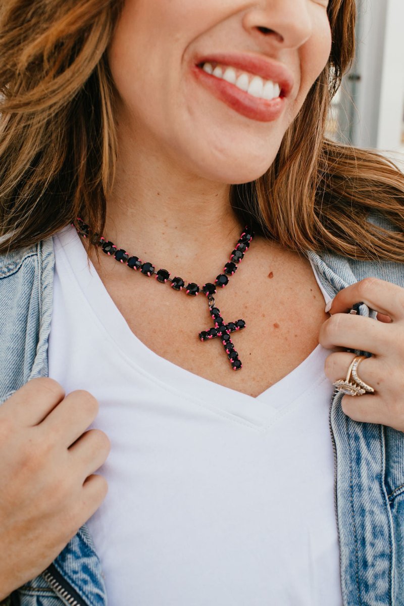 Macoma Exclusive Tova Supreme Mini Donatella Necklace in Gunmetal Jet with Hot Pink Enamel