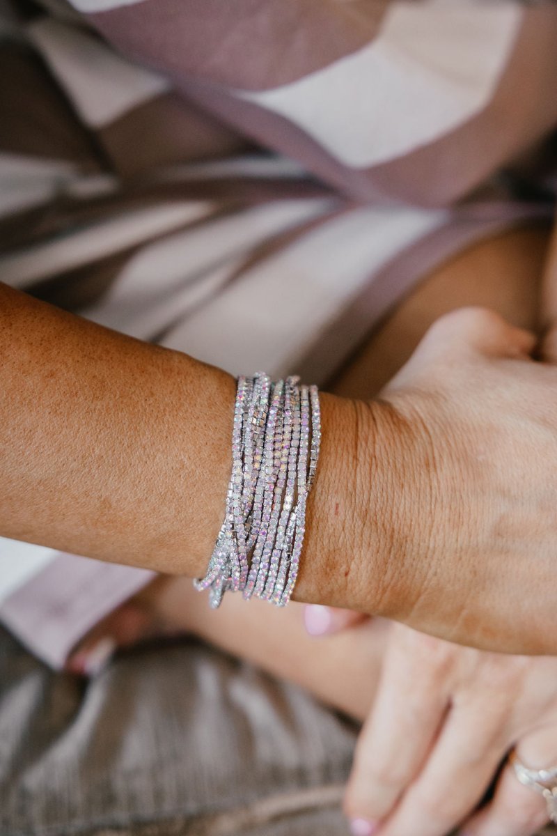 No Rules Rhinestone Stretch Bracelet in Rhodium Plated With Clear AB Crystals - Macoma Boutique310 Accessories/Jewelry