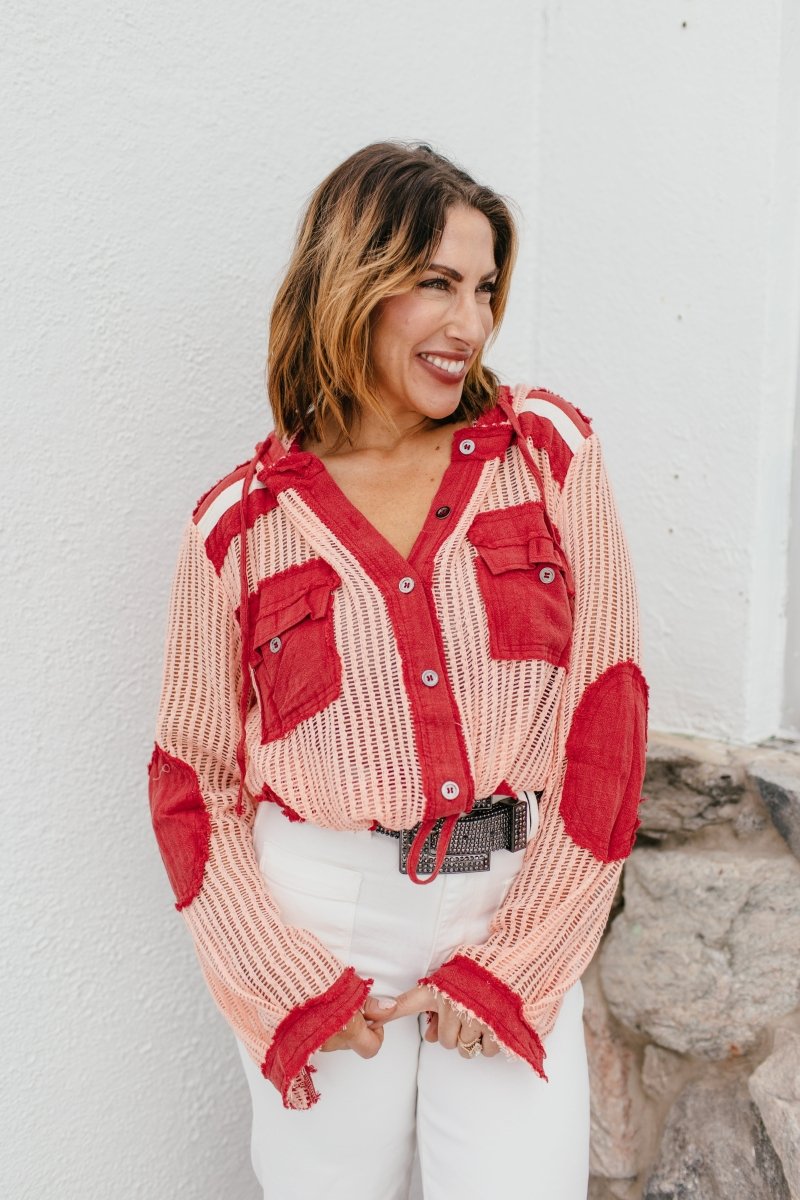 Open Knit Conversation Top In Blush Red Multi - Macoma Boutique120 Long Sleeve