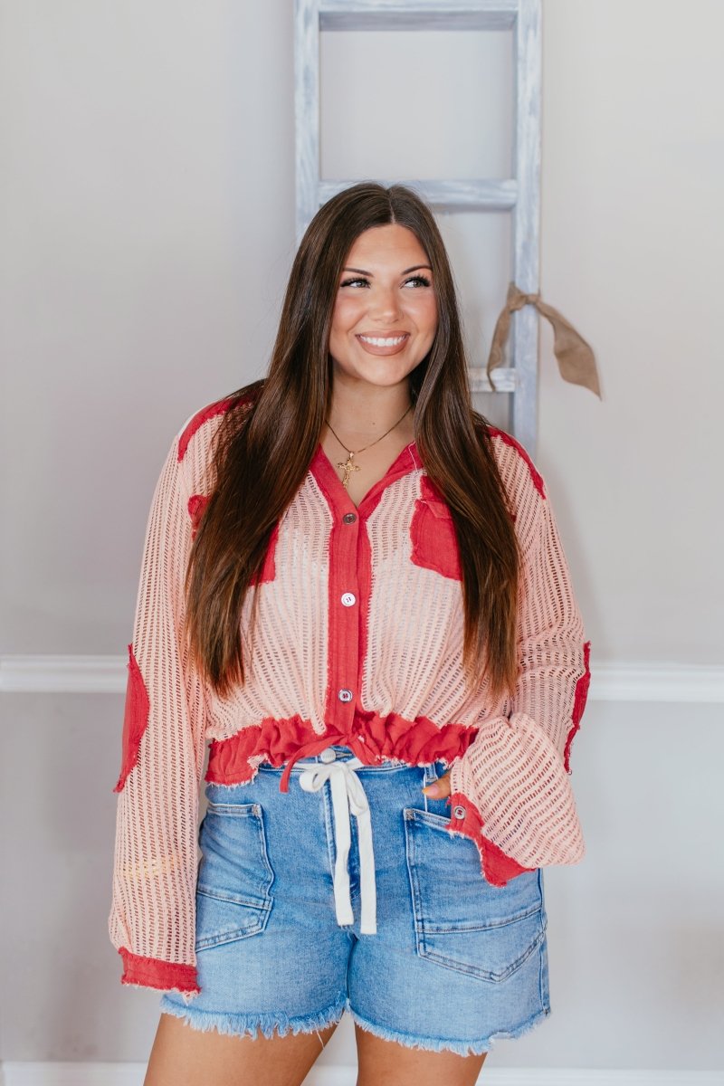 Open Knit Conversation Top In Blush Red Multi - Macoma Boutique120 Long Sleeve